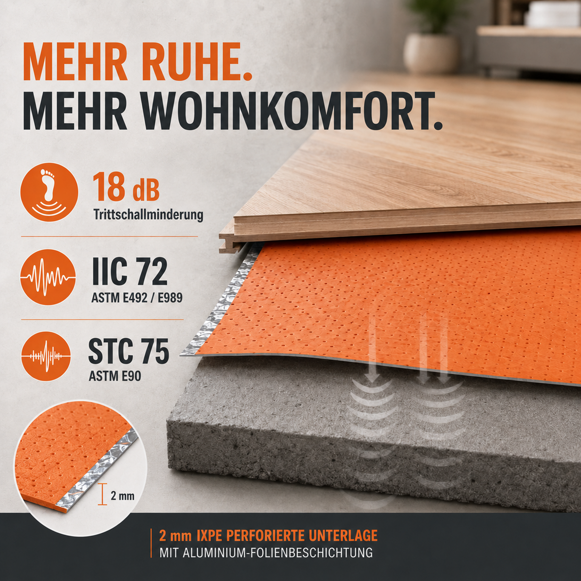 IXPE-Trittschalldämmung mit 18 dB Trittschallminderung, IIC 72 und STC 75 laut Hersteller