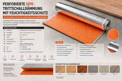 Art of Baan IXPE-Trittschalldämmung 2 mm mit Aluminiumkaschierung in 11 und 22 m², technischen Daten, Schallschutzwerten und geeigneten Bodenbelägen.
