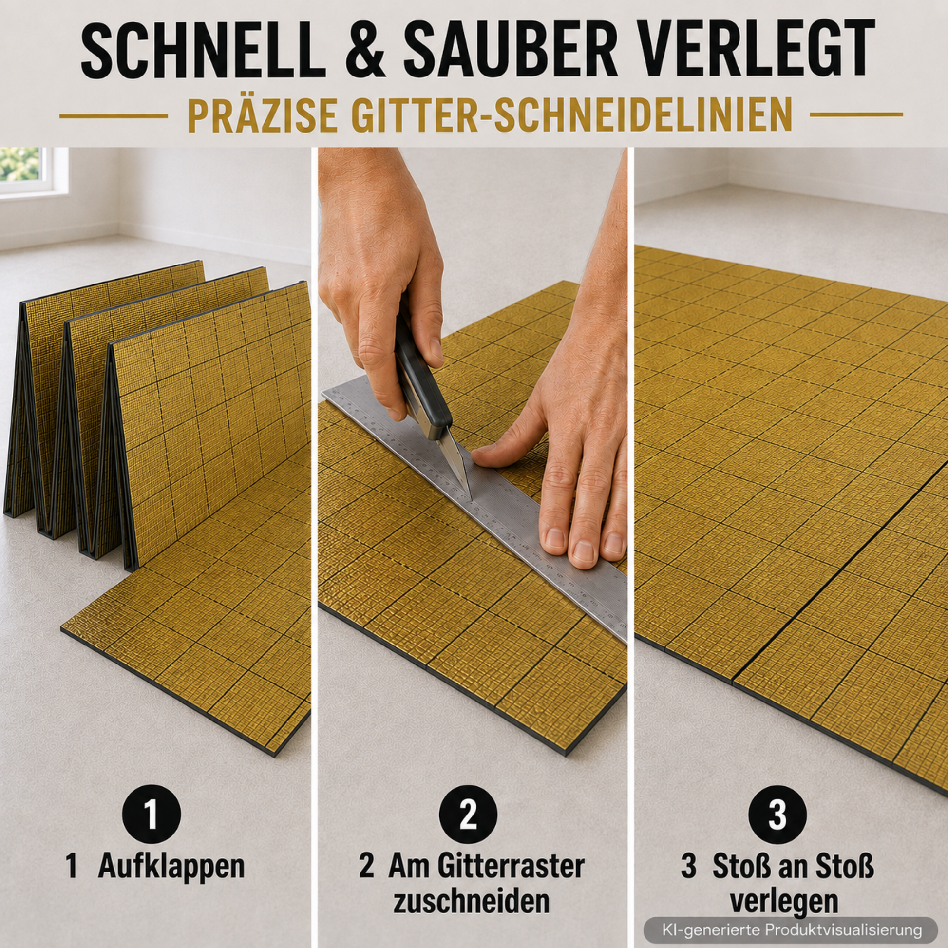 Faltbare IXPE-Unterlage mit präzisen Gitter-Schneidelinien – aufklappen, am Raster zuschneiden und Stoß an Stoß verlegen