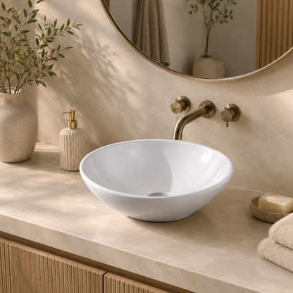 Aufsatzwaschbecken oval 41x33x14 cm – Keramik Waschschale weiß – mit Lotus-Effekt | Handwaschbecken ideal für Gäste WC