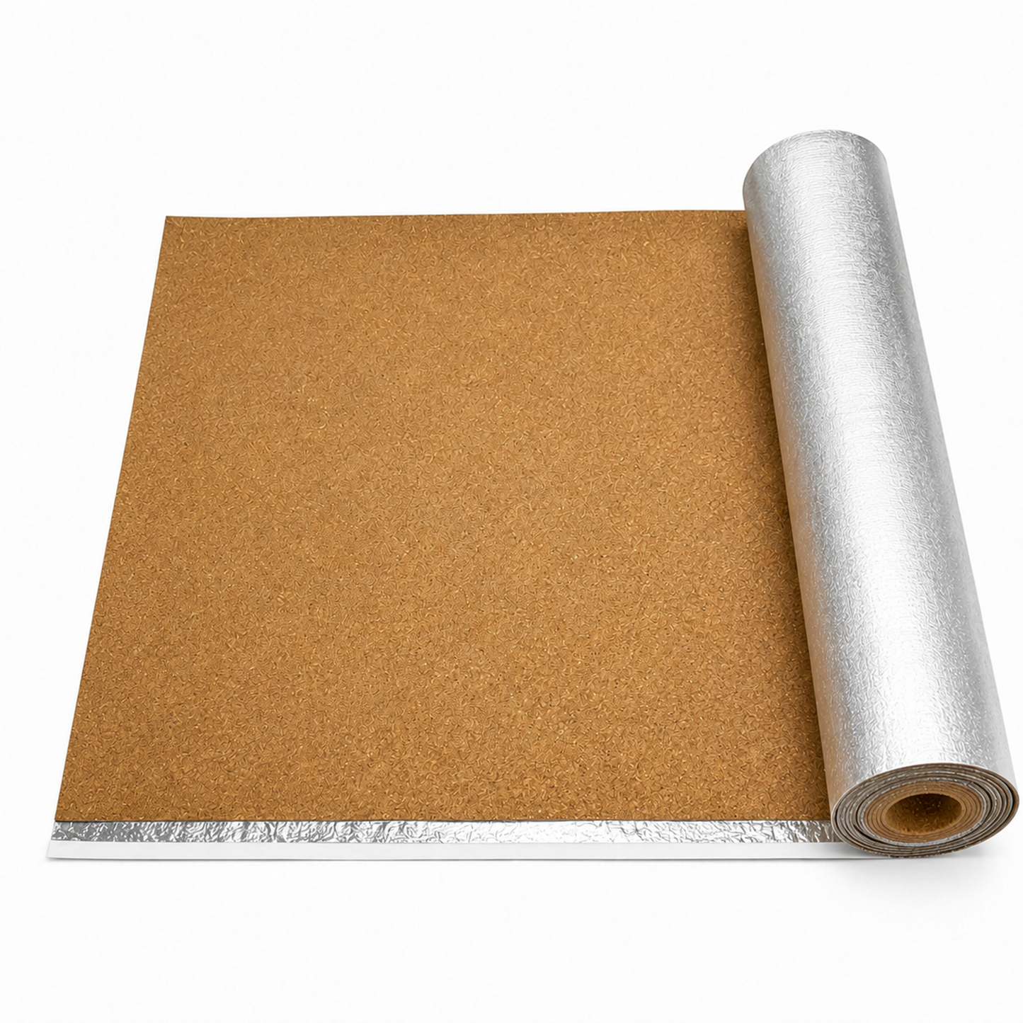 Art of Baan Kork-Trittschalldämmung 2 mm mit silberner Aluminiumkaschierung und integriertem Klebestreifen auf weißem Hintergrund.