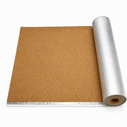 Art of Baan Kork-Trittschalldämmung 2 mm mit silberner Aluminiumkaschierung und integriertem Klebestreifen auf weißem Hintergrund.