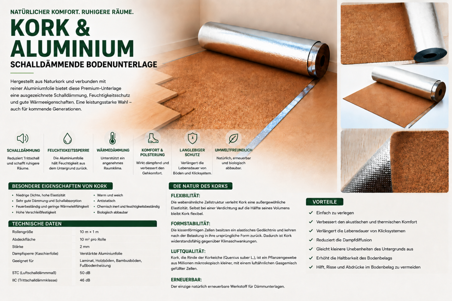 Art of Baan Kork-Trittschalldämmung 2 mm mit Aluminiumkaschierung für Laminat, Holzböden, Bambusböden und Fußbodenheizung, 10 m² pro Rolle.