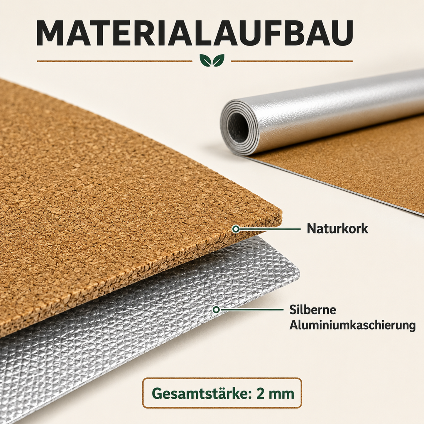 Schematischer Materialaufbau der 2 mm starken Korkunterlage aus Naturkork und silberner Aluminiumkaschierung.