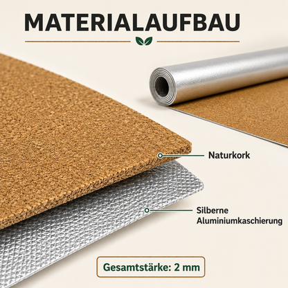 Schematischer Materialaufbau der 2 mm starken Korkunterlage aus Naturkork und silberner Aluminiumkaschierung.