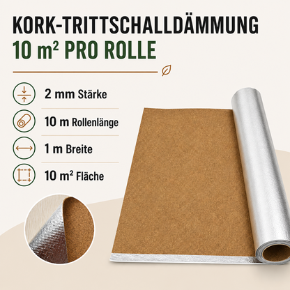 Kork-Trittschalldämmung als 10 m lange und 1 m breite Rolle mit 2 mm Stärke und 10 m² Fläche.