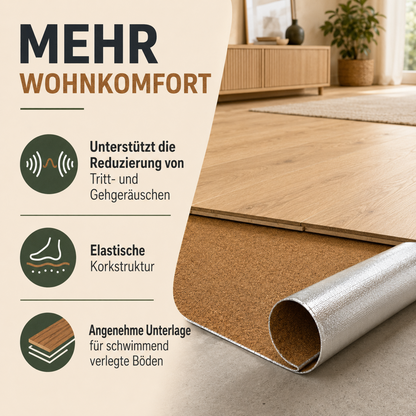 Kork-Trittschalldämmung unter schwimmend verlegtem Holzboden zur Unterstützung der Reduzierung von Tritt- und Gehgeräuschen.