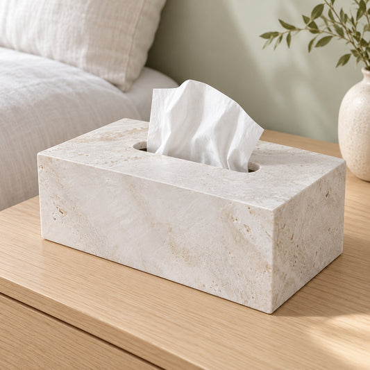 Kosmetiktuchbox aus weißem Travertin mit Kosmetiktuch auf einem hellen Holznachttisch neben dem Bett.