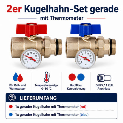 Lieferumfang 2er Set gerade Kugelhähne aus Messing mit Thermometer, 1x rot und 1x blau