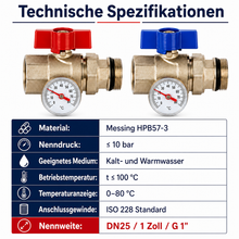 Technische Daten 2er Set gerade Kugelhähne DN25 1 Zoll aus Messing mit ISO 228 Anschluss und 10 bar