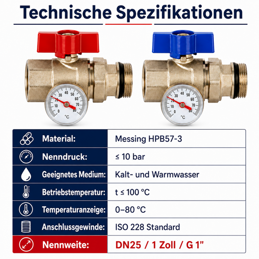 Technische Daten 2er Set gerade Kugelhähne DN25 1 Zoll aus Messing mit ISO 228 Anschluss und 10 bar