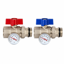 2er Set gerade Messing Kugelhähne DN25 1 Zoll mit Thermometeranzeige 0 bis 80 Grad, rot und blau