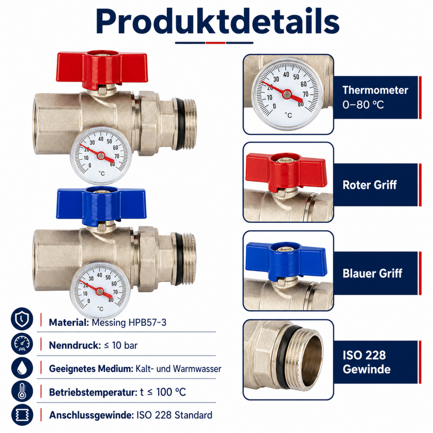 Detailansicht gerader Messing Kugelhahn DN25 1 Zoll mit integrierter Thermometeranzeige