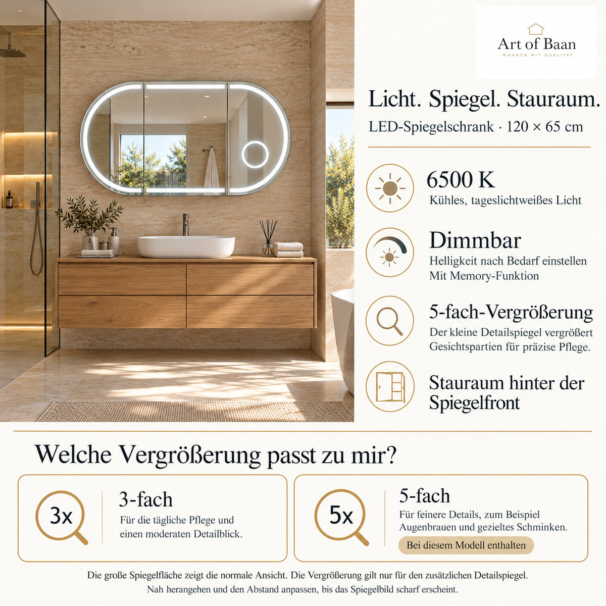 LED-Spiegelschrank 120 × 65 cm im modernen Bad, mit Erklärung der 5-fachen Vergrößerung, dimmbarem Licht und Memory-Funktion.