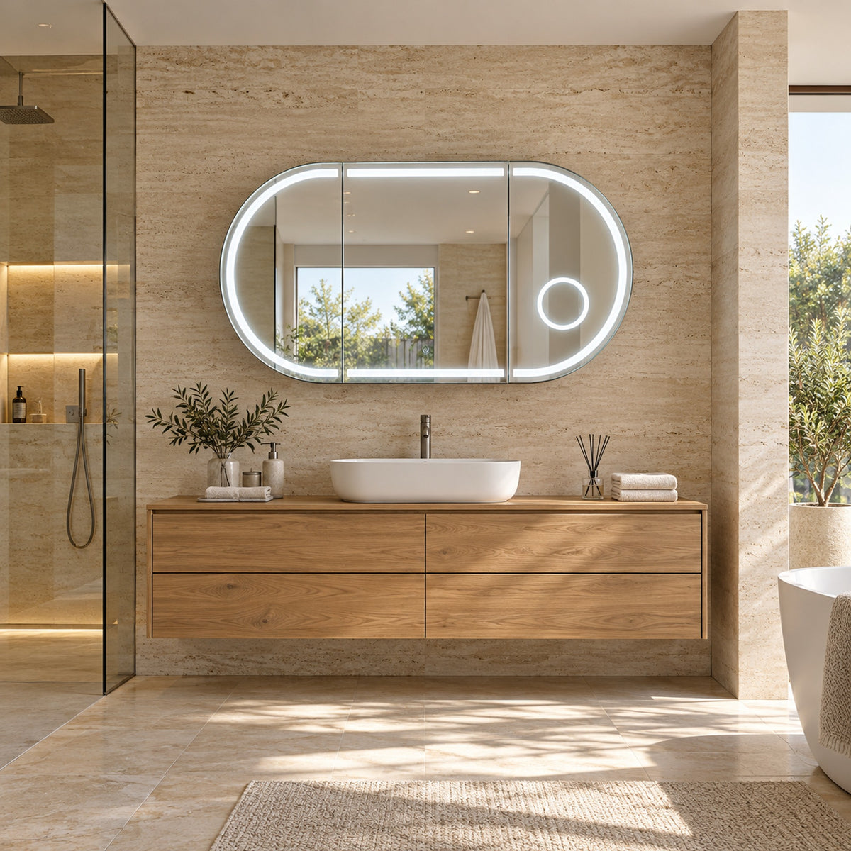 LED-Spiegelschrank 120 × 65 cm im hellen modernen Bad mit Holzwaschtisch – Raumansicht aus der Ferne.
