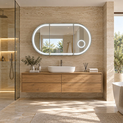 LED-Spiegelschrank 120 × 65 cm im hellen modernen Bad mit Holzwaschtisch – Raumansicht aus der Ferne.
