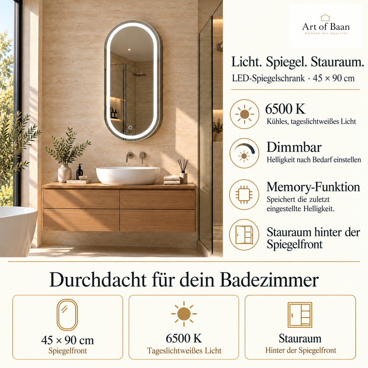 LED-Spiegelschrank oval 45 × 90 cm dimmbar mit Memory-Funktion 6500K