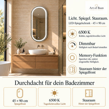 LED-Spiegelschrank oval 45 × 90 cm dimmbar mit Memory-Funktion 6500K