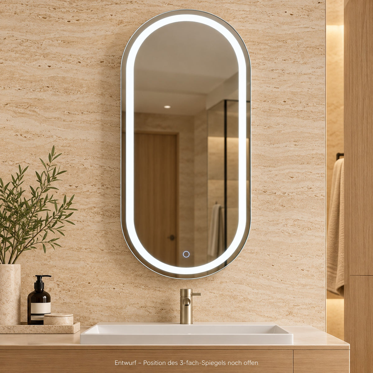 Ovaler LED-Spiegelschrank 45 × 90 cm mit eingeschalteter Beleuchtung über einem Waschtisch im Badezimmer.