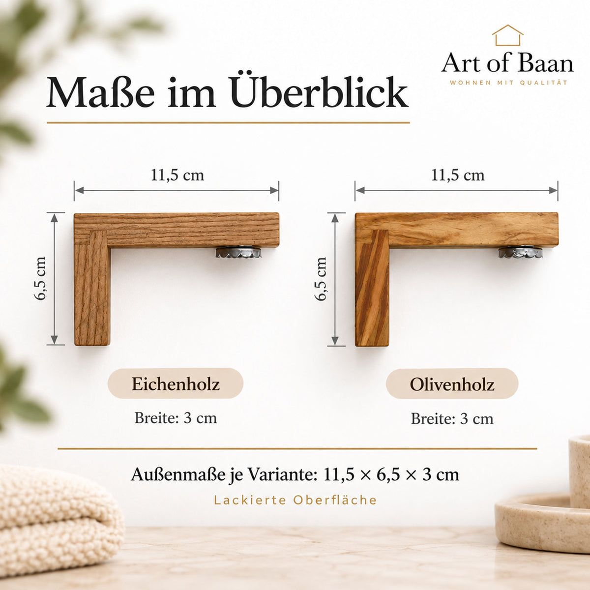 Maßübersicht der lackierten Magnet-Seifenhalter aus Eichenholz und Olivenholz: jeweils 11,5 × 6,5 × 3 cm, mit Art-of-Baan-Logo.