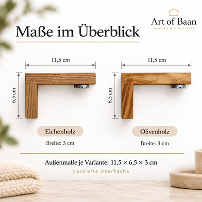 Maßübersicht der lackierten Magnet-Seifenhalter aus Eichenholz und Olivenholz: jeweils 11,5 × 6,5 × 3 cm, mit Art-of-Baan-Logo.