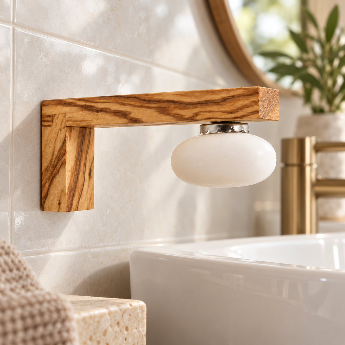 Magnet-Seifenhalter aus Olivenholz mit magnetisch gehaltener weißer Seife an einer hellen Fliesenwand neben dem Waschbecken.