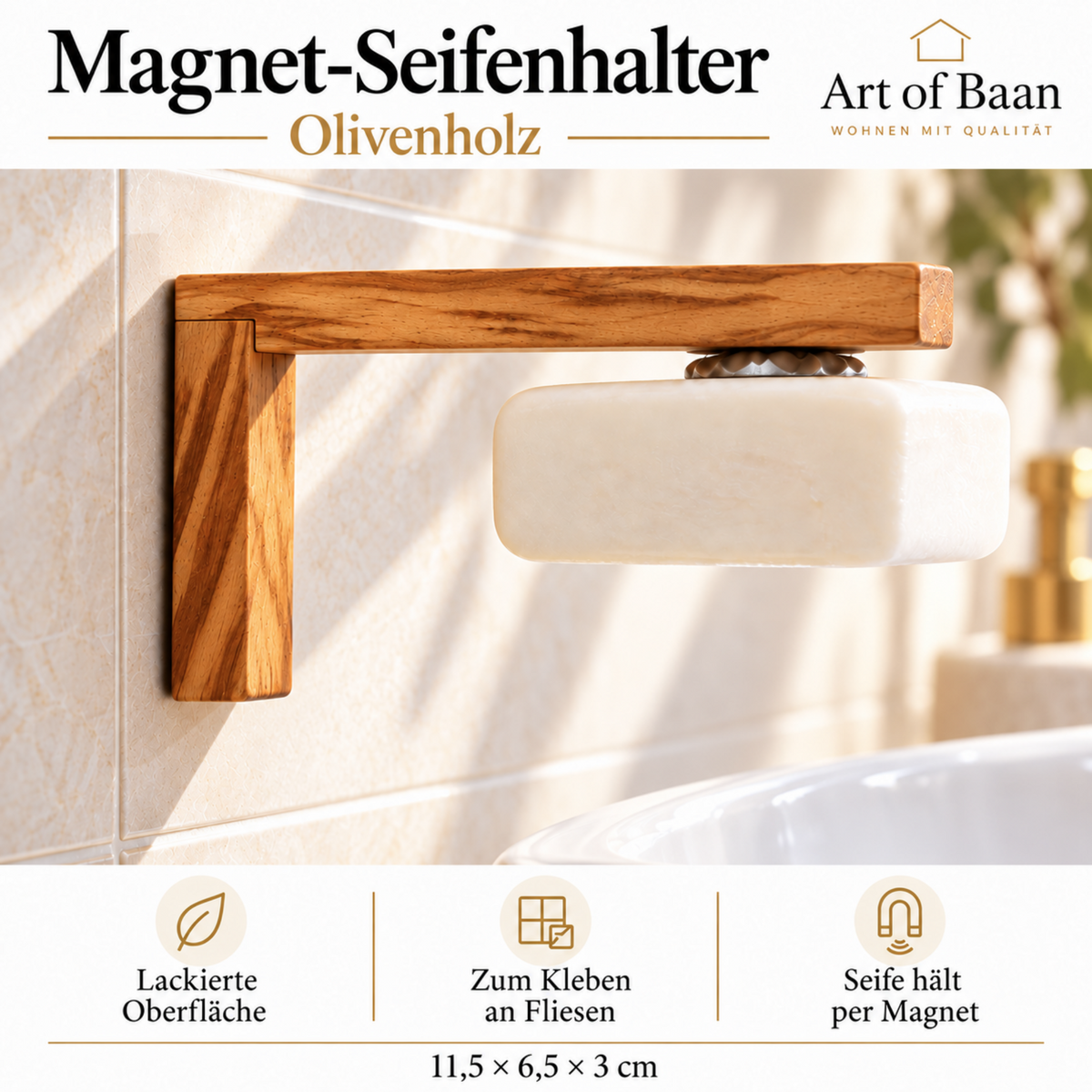 Lackierter Olivenholz-Seifenhalter mit weißer Seife, Maßen 11,5 × 6,5 × 3 cm und Hinweisen zu Klebemontage und Magnethalt.