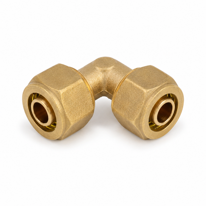 Messing 90 Grad Bogen 16 x 16 mm als Schraubfitting mit Klemmverbindung für Mehrschichtverbundrohr
