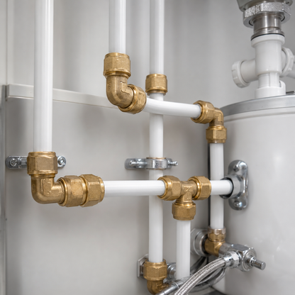 Messing Schraubfittings mit Klemmverbindung in einer Sanitärinstallation mit weißen Verbundrohren