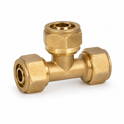 Messing T-Stück 16 x 16 x 16 mm als Schraubfitting mit Klemmverbindung für Mehrschichtverbundrohr