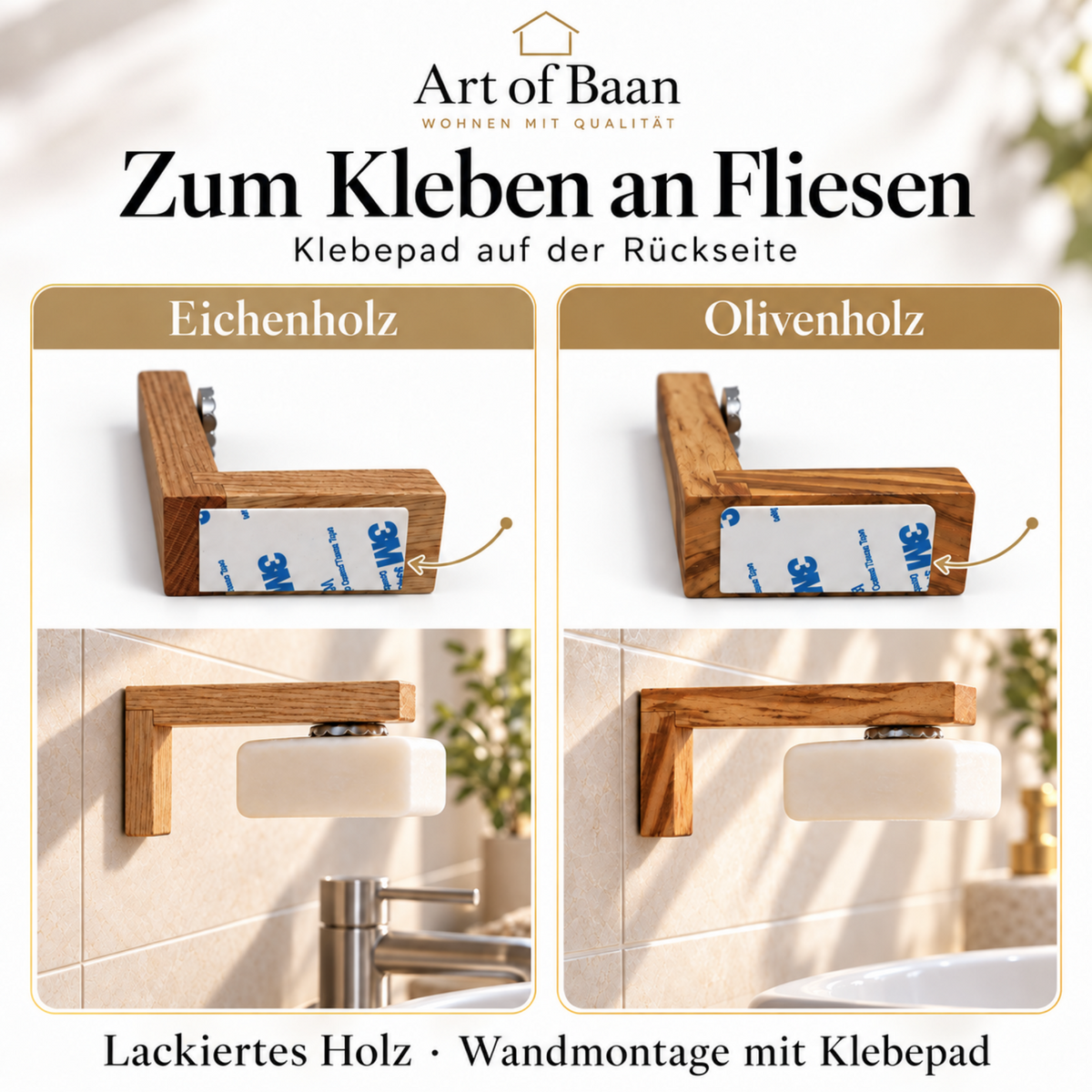 Seifenhalter aus Eichenholz und Olivenholz mit rückseitigem Klebepad sowie montiert an einer Fliesenwand mit weißer Seife.