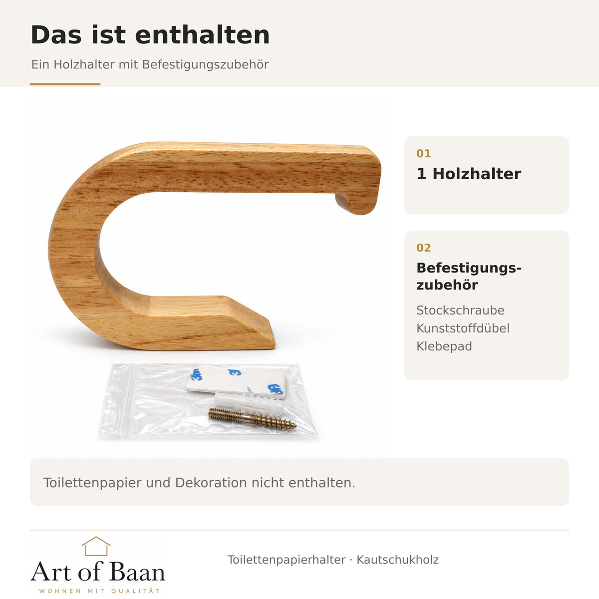 Lieferumfang des Toilettenpapierhalters: Holzhalter, Stockschraube, Kunststoffdübel und Klebepad.
