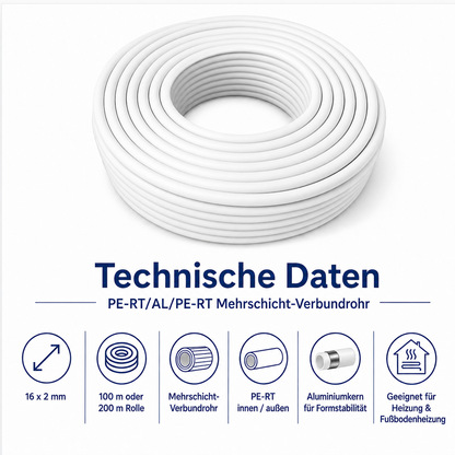 Technische Daten zum PE-RT-AL-PE-RT Mehrschichtverbundrohr 16x2 mm für Heizung und Fußbodenheizung