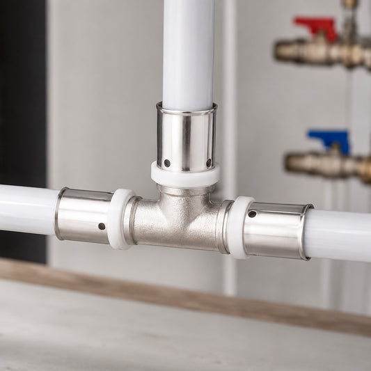 Edelstahl Pressfitting T-Stück für PEX-AL-PEX Mehrschichtverbundrohr in Anwendung