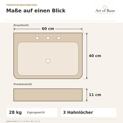 Maßzeichnung des Travertin-Waschbeckens mit 60 cm Breite, 40 cm Tiefe, 11 cm Höhe, drei Hahnlöchern und 28 kg Gewicht.
