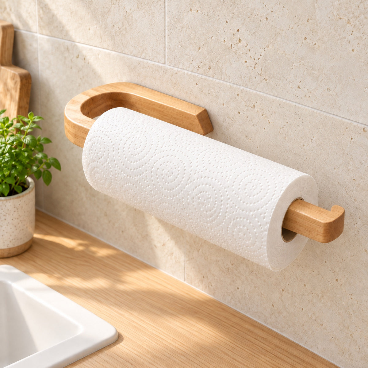 30 cm langer Rollenhalter aus Kautschukholz mit weißer Küchenrolle, waagerecht an einer hellen Küchenwand über einer Holzarbeitsplatte montiert.