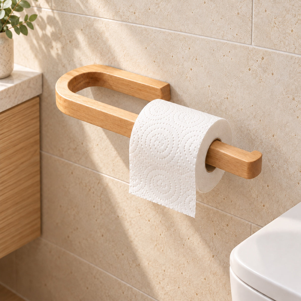 30 cm langer Rollenhalter aus Kautschukholz mit einer weißen Toilettenpapierrolle, waagerecht an einer hellen Steinwand im Gäste-WC montiert.

