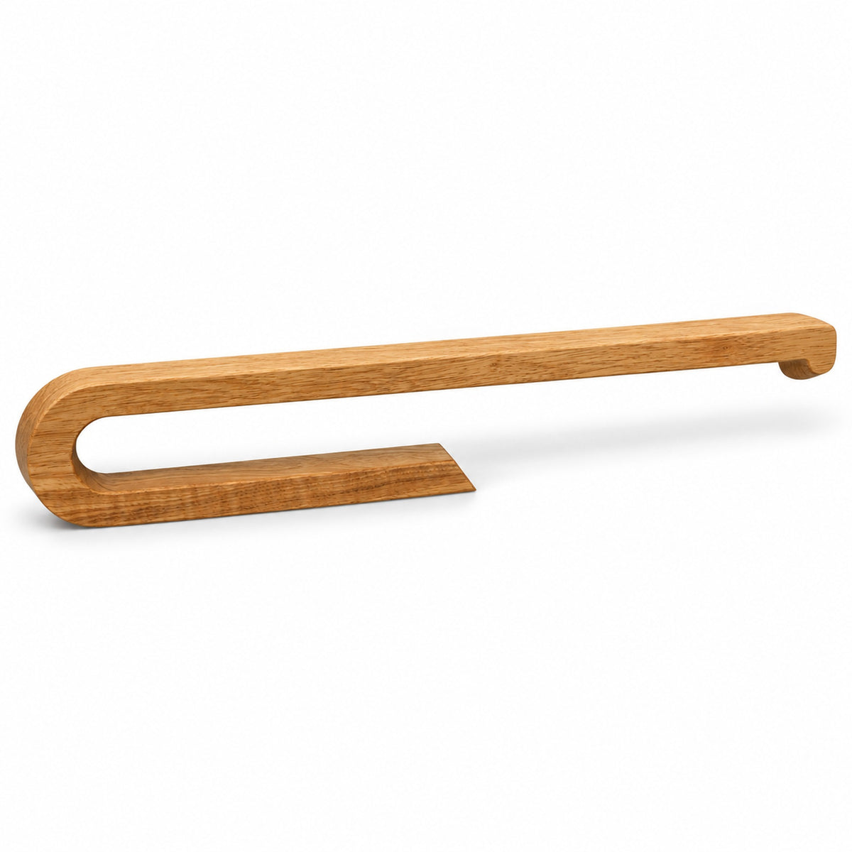 Handtuch- und Rollenhalter aus lackiertem Kautschukholz, 50 cm lang, mit langem offenen Arm und kurzer Wandbefestigungsseite vor weißem Hintergrund.