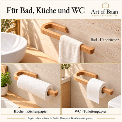 Wandhalter aus Kautschukholz im Bad mit Handtuch, in der Küche mit Küchenpapier und im WC mit Toilettenpapier; drei Anwendungsansichten mit Art-of-Baan-Logo.