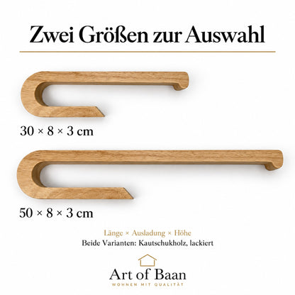 Fotografischer Größenvergleich der lackierten Kautschukholzhalter mit 30 × 8 × 3 cm und 50 × 8 × 3 cm.
