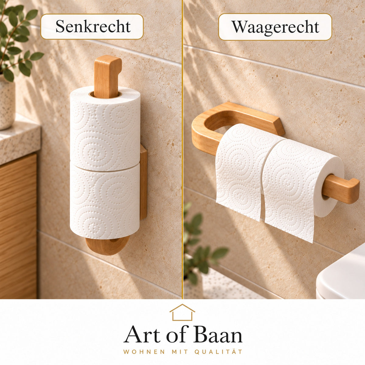 Kautschukholzhalter mit jeweils zwei Toilettenpapierrollen: links senkrecht und rechts waagerecht an einer hellen Steinwand, mit Art-of-Baan-Logo.
