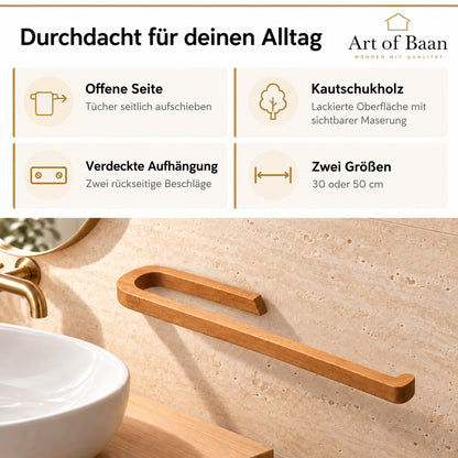 Vorteile des Handtuch- und Rollenhalters aus Kautschukholz: offene Seite, lackierte Oberfläche, verdeckte Aufhängung und zwei Größen, mit Badezimmeransicht.
