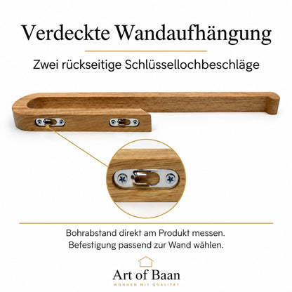 Rückansicht des Kautschukholzhalters mit zwei eingelassenen Schlüssellochbeschlägen im kurzen Wandarm und vergrößerter Beschlagansicht.