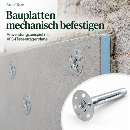 Metall-Dämmstoffdübel befestigen eine beschichtete XPS-Fliesenträgerplatte an einer gemauerten Wand.