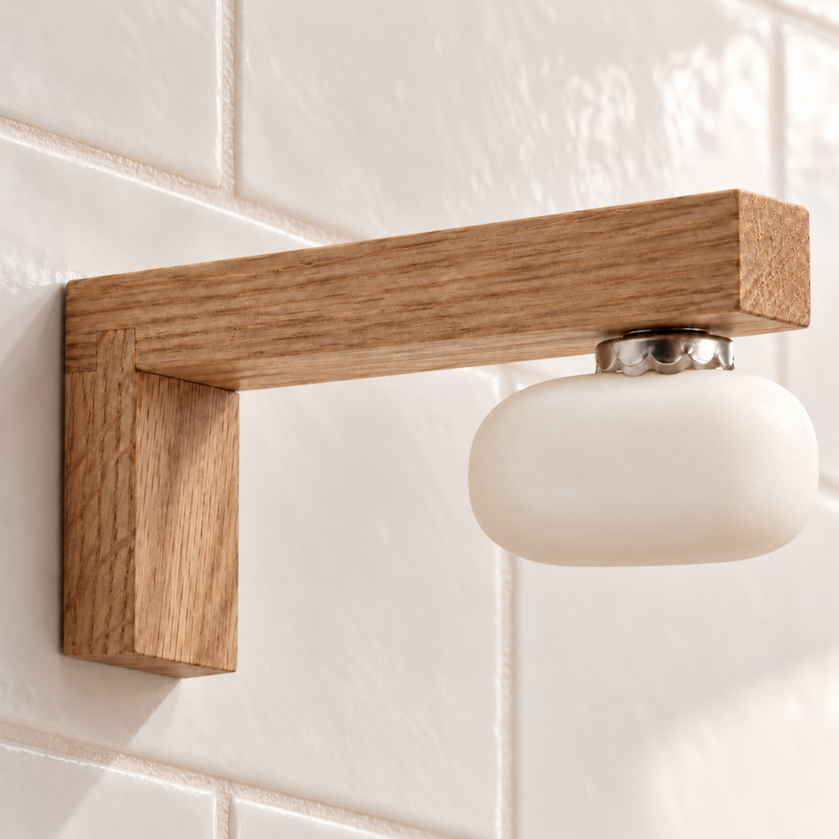 Nahaufnahme des Magnet-Seifenhalters aus Eichenholz mit Seife, sichtbarer Steckverbindung und metallischem Seifenplättchen an einer hellen Fliesenwand.