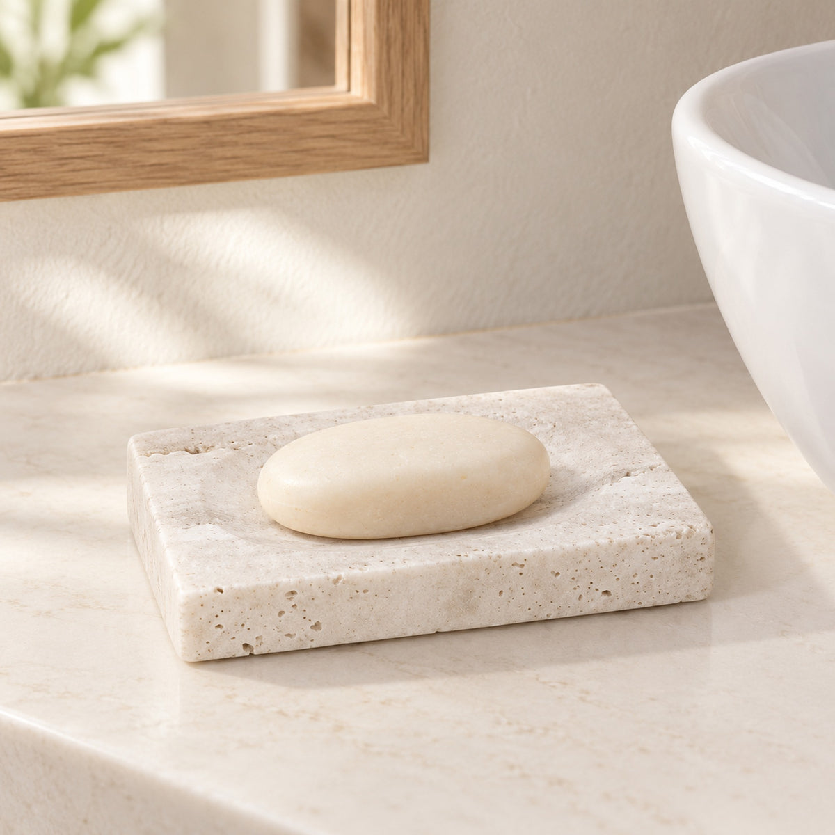 Weiße Travertin-Seifenschale mit cremefarbenem Seifenstück auf einer hellen Badablage unter einem Fenster.