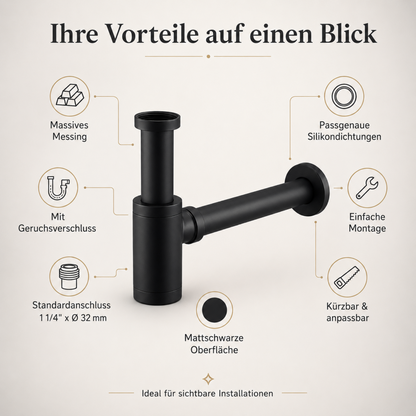 Infografik mit den Vorteilen des schwarzen Waschbecken-Siphons mit Geruchsverschluss, Messingkörper und Standardanschluss 1 1/4 Zoll x 32 mm
