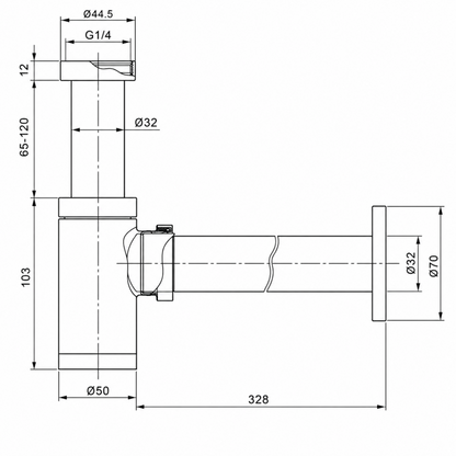 Technische Zeichnung des verchromten Waschbecken-Siphons mit Maßen, 1 1/4 Zoll Anschluss, Ø 32 mm Rohr und 328 mm Wandanschluss