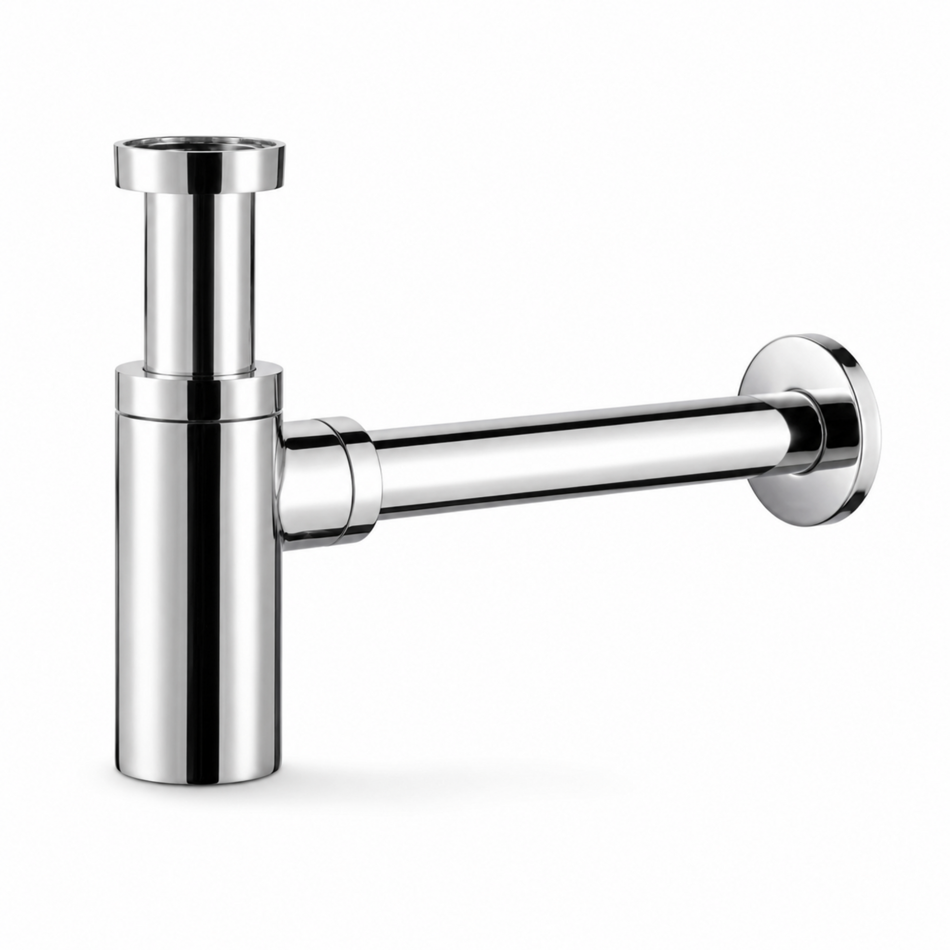 Verchromter Design-Siphon für Waschbecken mit zylindrischem Geruchsverschluss und Wandanschluss in Seitenansicht