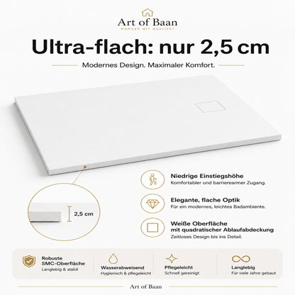 Ultraflache Art of Baan SMC Duschwanne in Weiß mit 2,5 cm Höhe, Schieferoptik und modernem flachem Einstieg